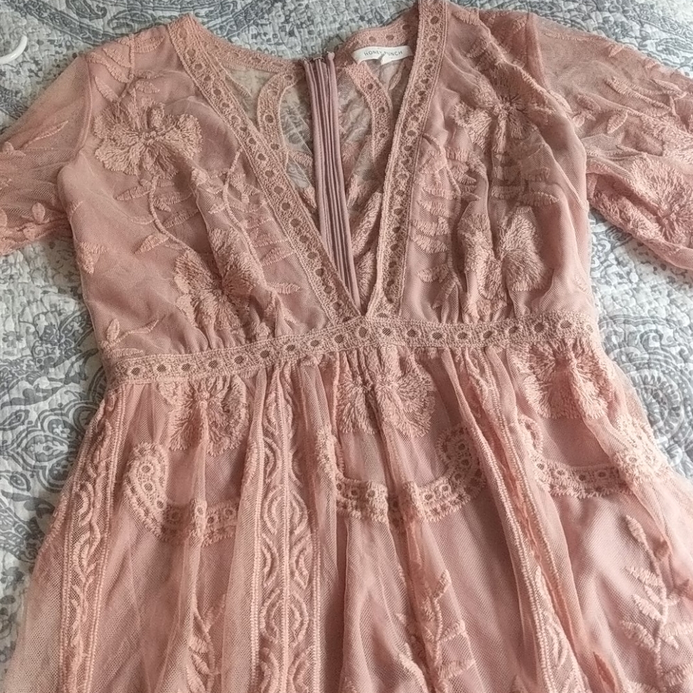 SOLD Dusty Pink Honey Punch Lace Overlay Romper